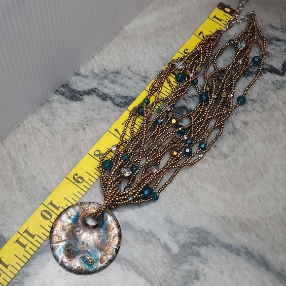 Multistrand Teal and Bronze Beaded Pendant Necklace - Picture 11 of 11